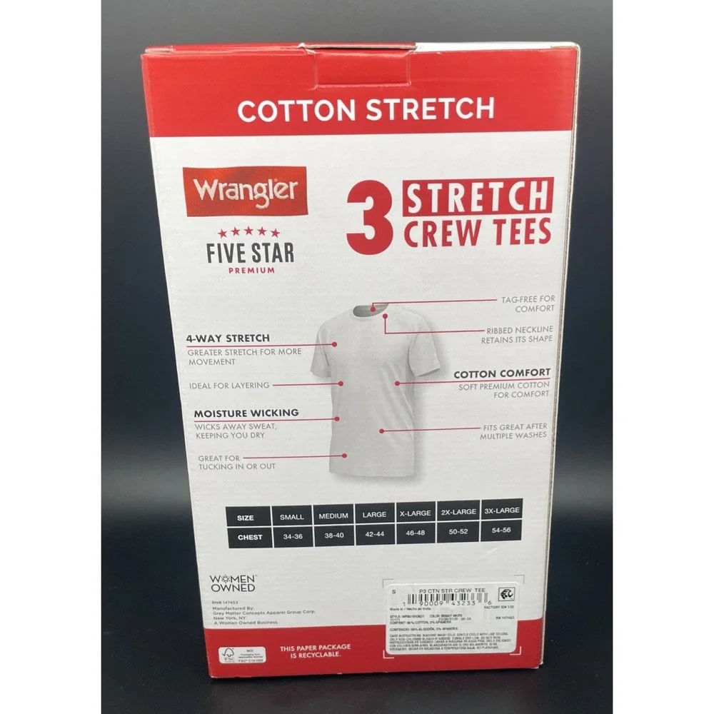 Wrangler Men's Five Star Crew Neck Undershirt Tee 3 Pack Cotton White Size Small